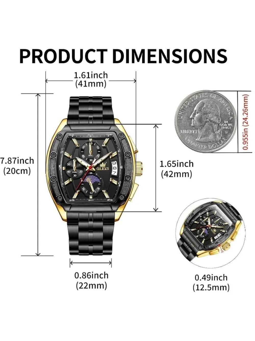 Men's Black Chronograph Rectangle Stainless Steel Luminous Quartz Classic Watch